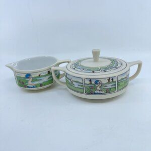 vintage w a pickard hand painted dutch scene creamer & lidded sugar set signed